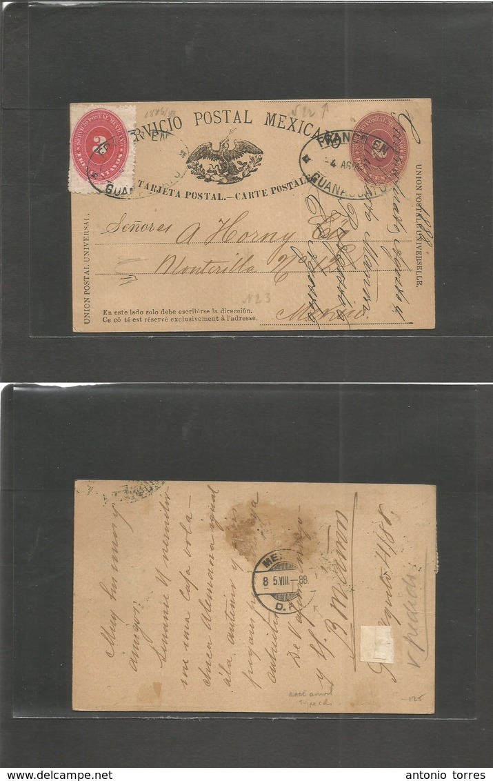 Mexico - Stationery. 1886-8 (4 Ago) Guanajnato - DF (5 Ago) SPM 2c Red Stat Card + 3c Adtl Oval Cachet. Arrival Rare "Me - Mexique