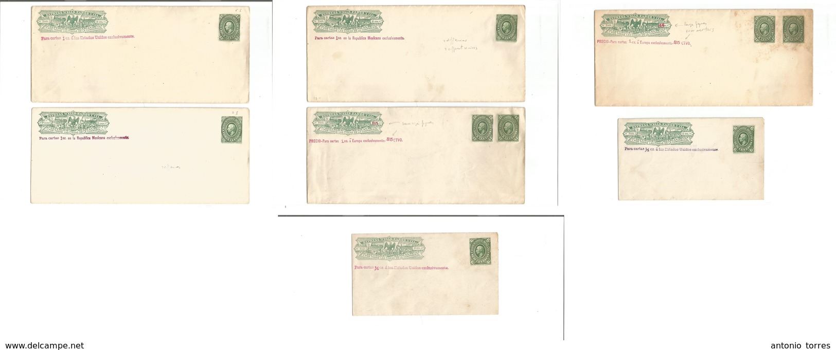 Mexico - Stationery. C. 1886-7. Express Wells Fargo + Medalions. Selection Of Seven Mint Stat Envelopes Incl 2 Revaluate - Mexiko