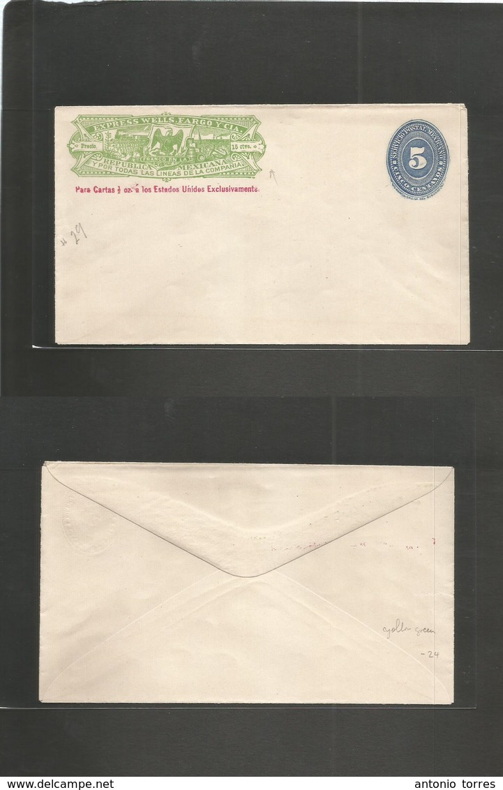 Mexico - Stationery. C. 1887. Wells Fargo Yellow Green 15 Ctvo + 5c Blue Large Numeral Stationery Envelope Mint. Scarce  - Mexique