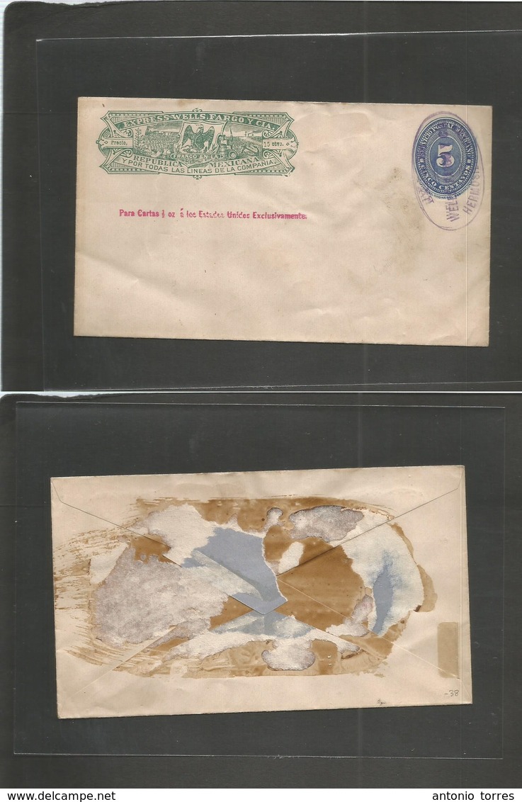 Mexico - Stationery. C. 1887. Hermosillo Package Usage. 15c Green Wells Fargo Stat Env + 5c Blue Numeral Oval Lilac Cach - Mexique