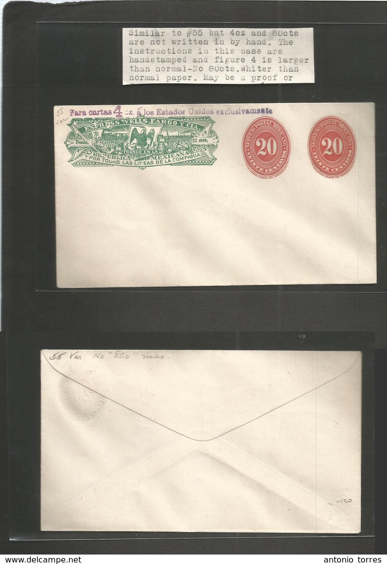 Mexico - Stationery. C. 1887. Wells Fargo Stat Env. Mint + 20c (x2) Red Numeral + Ovptd 40z. Estados Unidos Variety Ovpt - Mexique