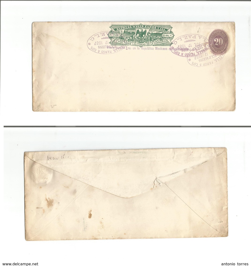 Mexico - Stationery. 1887. Express Wells Fargo. 20c Lilac Numeral + 35 Cts + Ovptd. Preobl "La Paz", LC Oval Ds Lilac Ca - Mexique