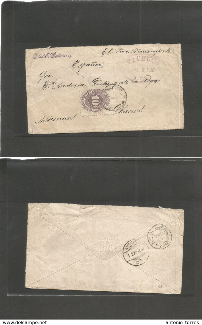 Mexico. 1887 (3 Enero) Pachuca - Spain, Llanos, Asturias. Fkd Env 10c Lilac Large Numeral, Tied Pmk + Oval Ds Alongside. - Mexiko