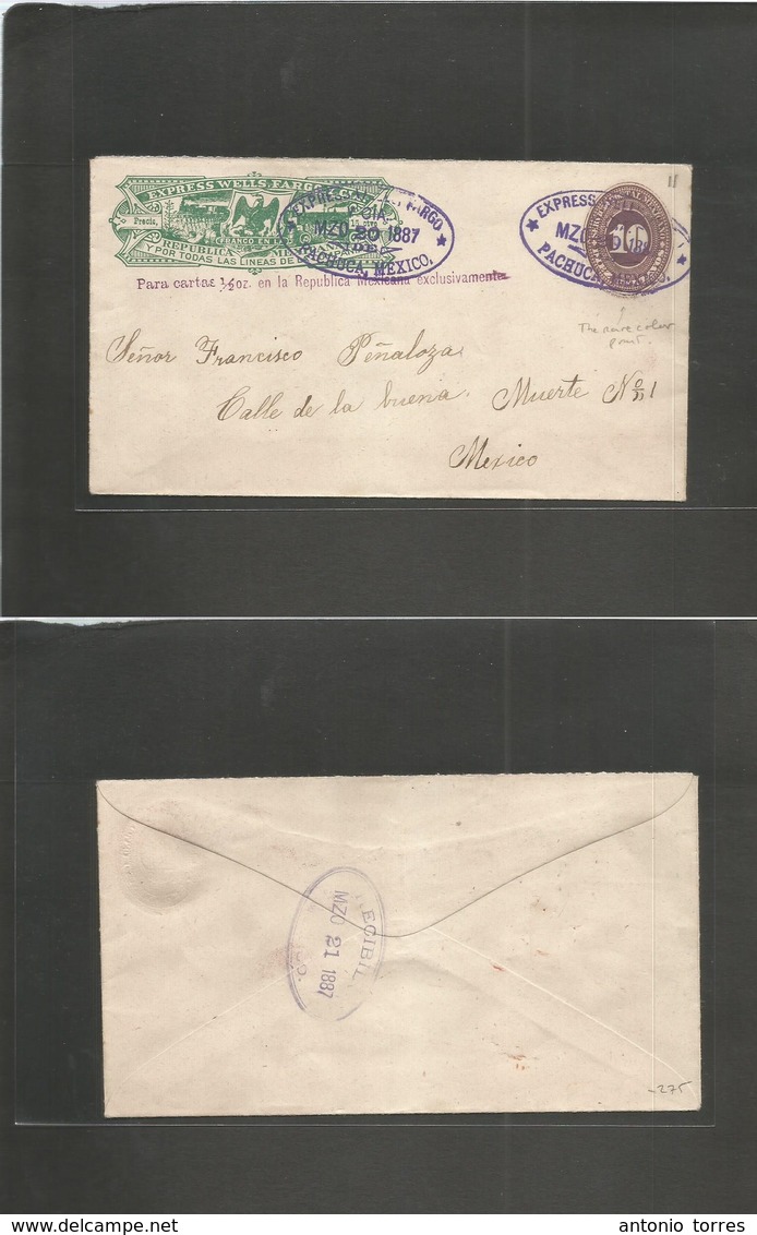 Mexico - Stationery. 1887 (20 Marzo) Pachuca - DF Mexico (21 Marzo) Wells Fargo 10c Brown Lilac Large Numeral. The Rare  - Mexique