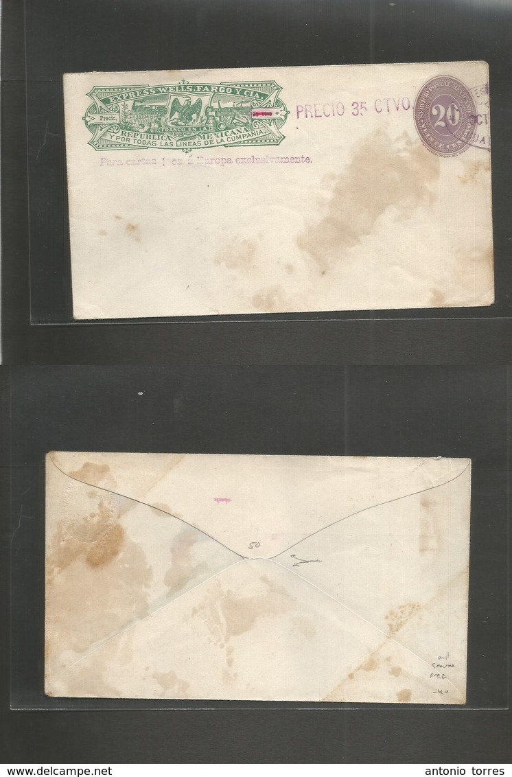 Mexico - Stationery. C. 1887-90. Wells Fargo Preold. 35 Ctvo / 25c Revalidated + 20c Lilac. Guadalajara Oval Lilac Cache - Mexique