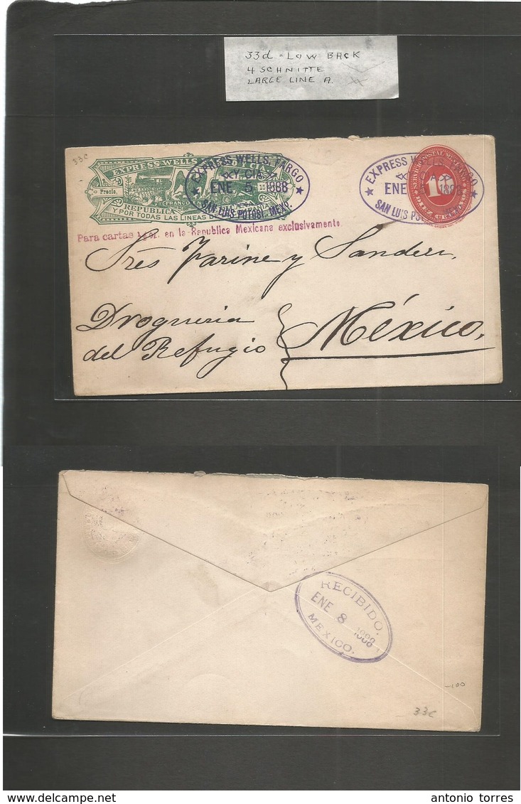 Mexico - Stationery. 1888 (5 Enero) Wells Fargo + 10 Cts Red Large Numeral Stat Envelope. S. Luis POTOSI - DF Mexico. XF - Mexique