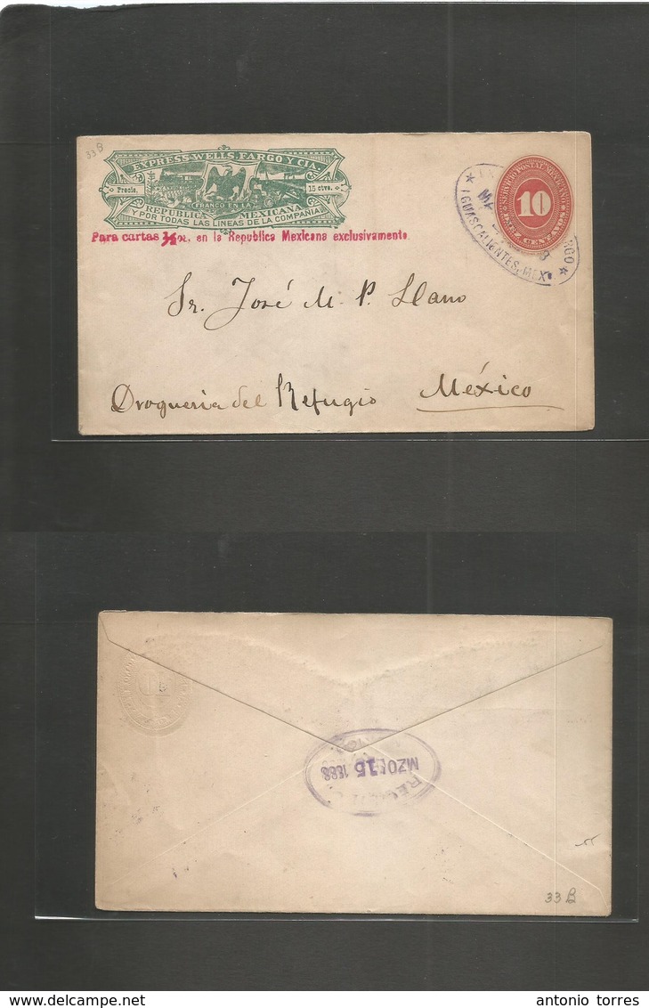 Mexico - Stationery. 1888 (14 Marzo) Aguascalientes - Mexico DF (15 Mayo) Wells Fargo + 10c Red Stat Env. VF. - México
