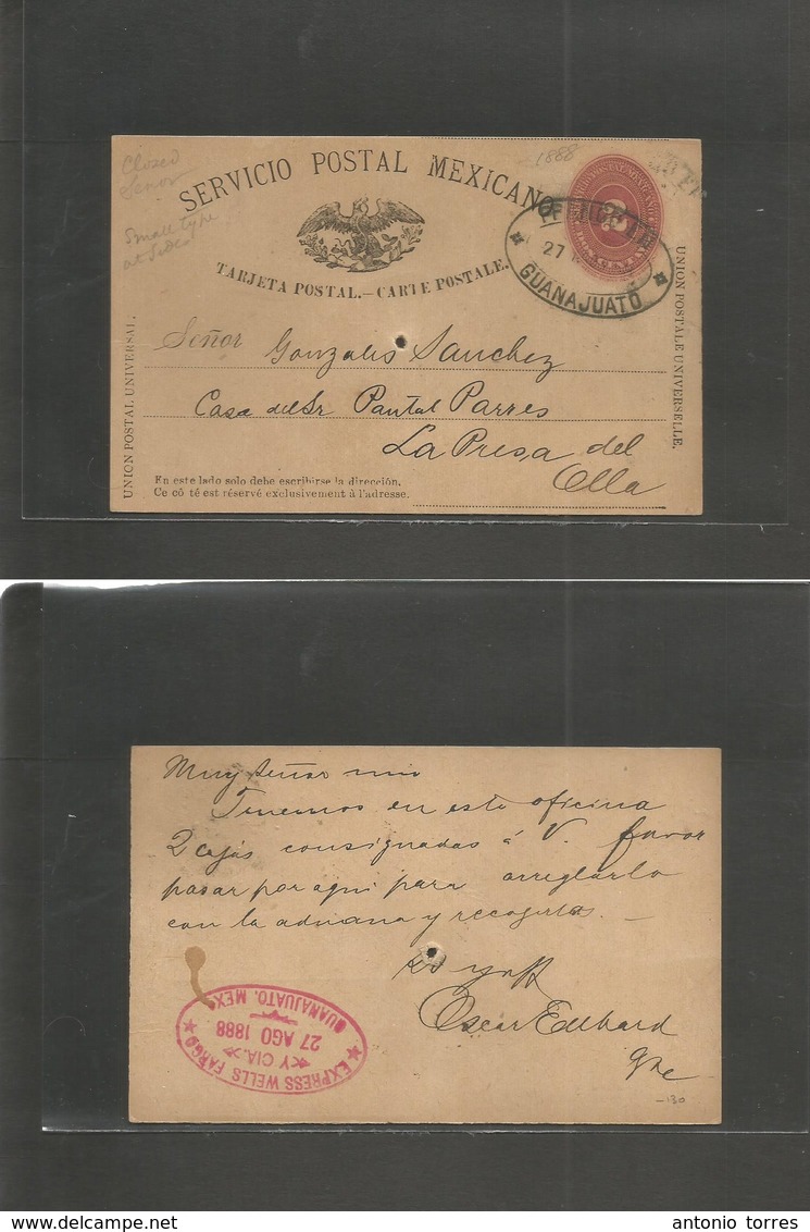 Mexico - Stationery. 1888 (27 Ago) Guanajuato - La Presa Del Olla. SPM 2c Red Stat Card, Oval Cachet, Closed "S" Eñor +  - Mexique