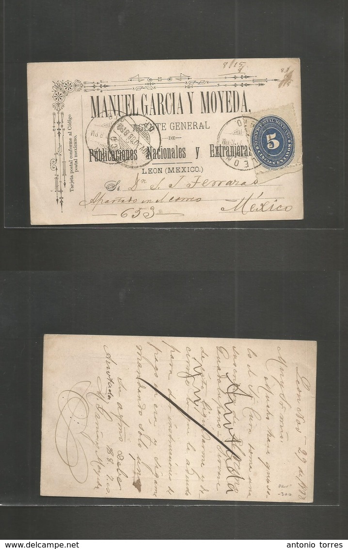 Mexico. 1888 (29 Nov) Leon - DF (30 Nov) A Rare Early Private Cº Advertising Card Franked At 5c Blue Large Numeral, Cds  - Mexique