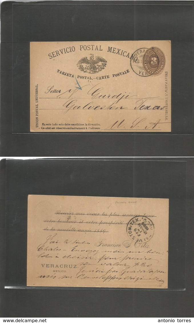 Mexico - Stationery. 1889 (Feb 1) Veracruz - USA, Galvezton, TX. SPM 3c Brown Cds + Variety Cliche Small "A" In Postal + - Mexique