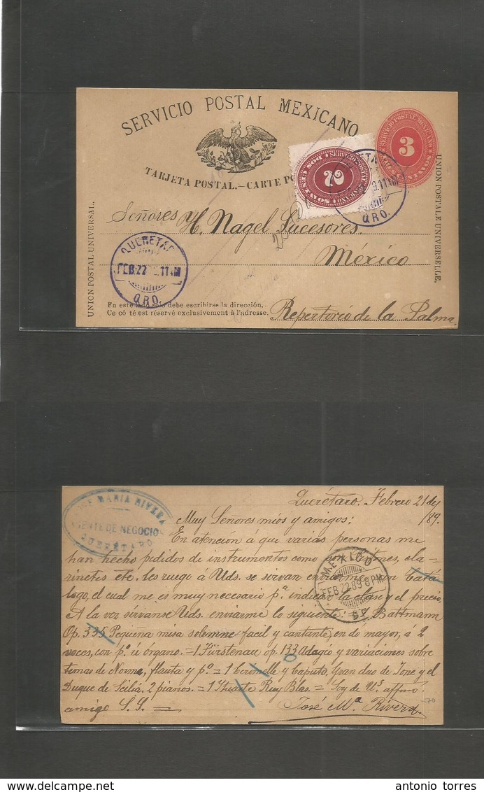 Mexico - Stationery. 1889 (21 Feb) Queretaro - DF. SPM 3 Cts Red Multifkd + 2c Adtl, Cds. VF Used. - Mexique