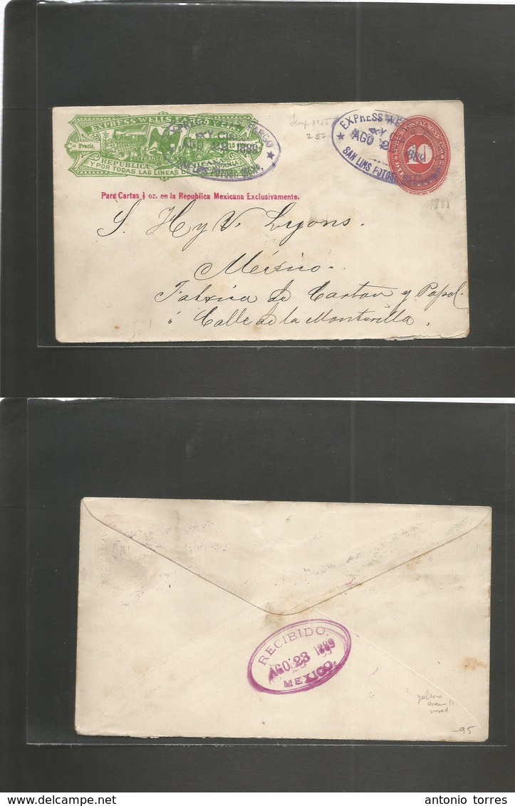 Mexico - Stationery. 1889 (22 Aug) San Luis Potosi - Mexico DF (23 Ago) Wells Fargo 15c Yellow Green Fine Plate + 10c Re - Mexique