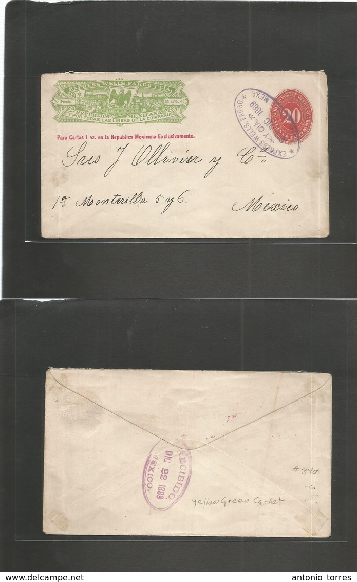 Mexico - Stationery. 1889 (20 Dic) Wells Fargo. Yellow Green Color + 20c Red Large Numeral Stat Env. Guadalajara - DF Me - Mexique