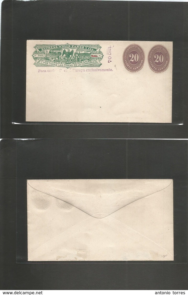 Mexico - Stationery. C. 1890. Mint Stat Env 70 Ctvos Revalidated Wells Fargo + 20c Lilac Numeral (x2) VF. - Mexique