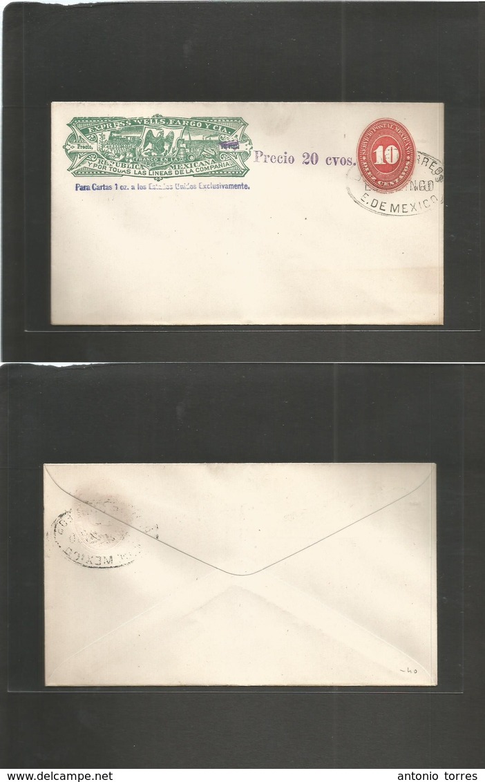 Mexico - Stationery. C. 1890. Wells Fargo + 10c Red Large Numeral Stat Env, Revaluated 20c, Pre Cancelled (specimen Type - Mexique