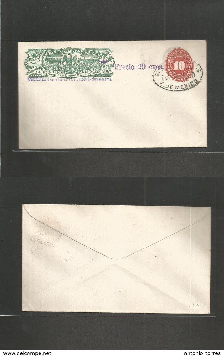 Mexico - Stationery. C. 1890. Wells Fargo + 10c Red Large Numeral, Revaluated 20c Ovptd Stat Env, Pre Obl ECANZINGO. Est - Mexique