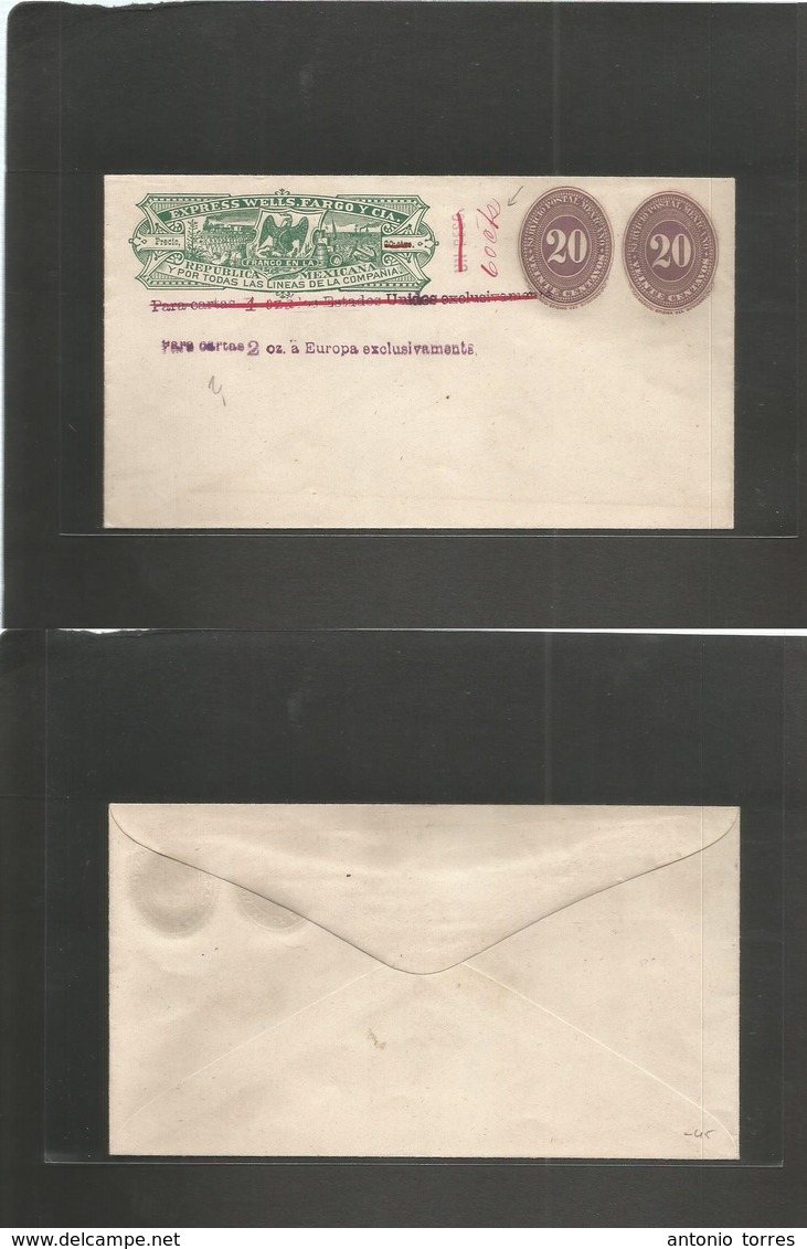 Mexico - Stationery. C. 1890. Wells Fargo Dark Green + 20 Cts Lilac (x2) Large Numeral + Revaluated And Revalidated 4 Ti - Mexiko