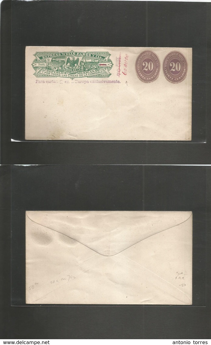 Mexico - Stationery. C. 1890. Stationary Envelope. Mint Wells Fargo 60 C / 70 C / 20. Triple Revalidation + 20c Lilac (x - Mexique