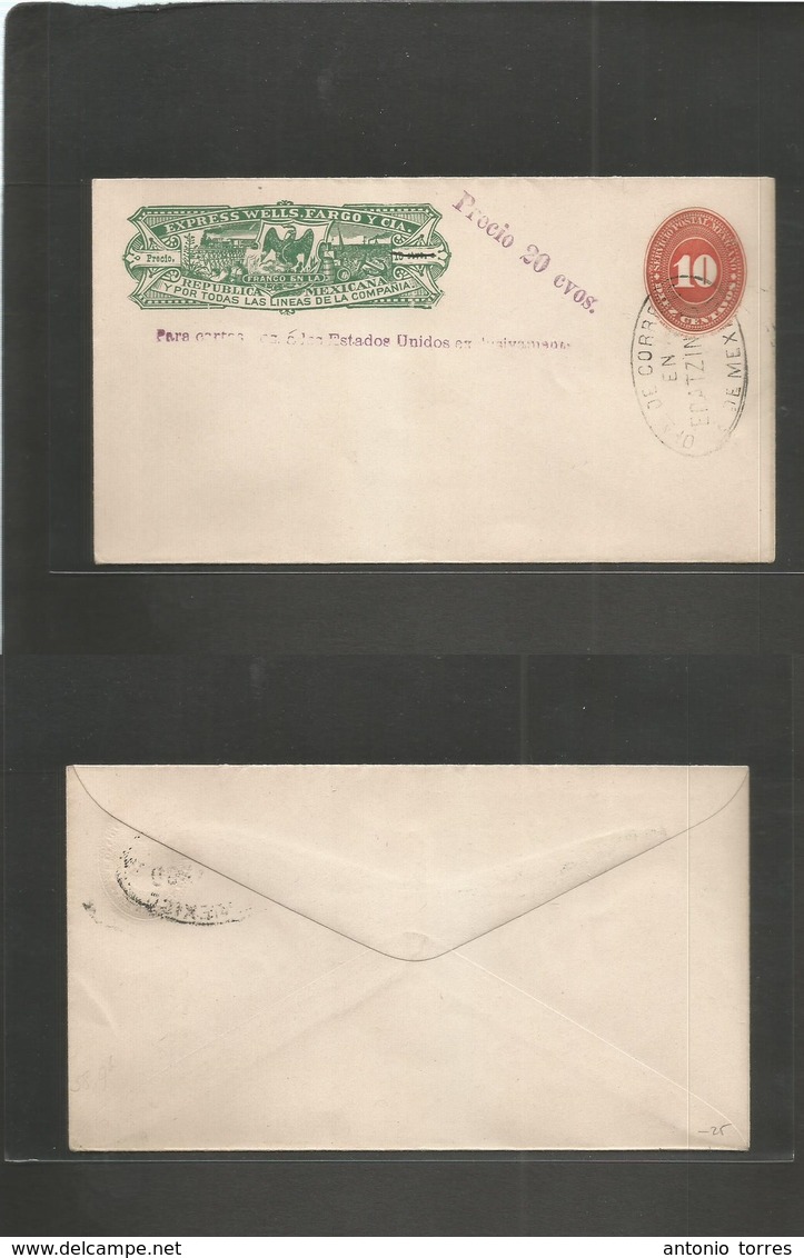 Mexico - Stationery. C. 1890-1. Mint Revalidated 20c. Wells Fargo Green + 10c Red Numeral Stat Env. Ecanzzingo. - Mexique