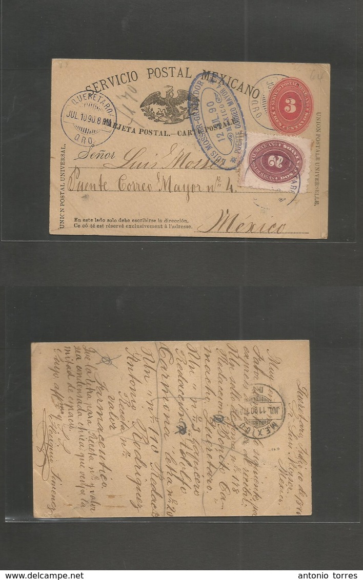 Mexico - Stationery. 1890 (10 Julio) Queretero - DF Mexico. SPM 3 Cts Red + 2c Adtl, Cds. Addressed To Luis Mosser, Corr - Mexique