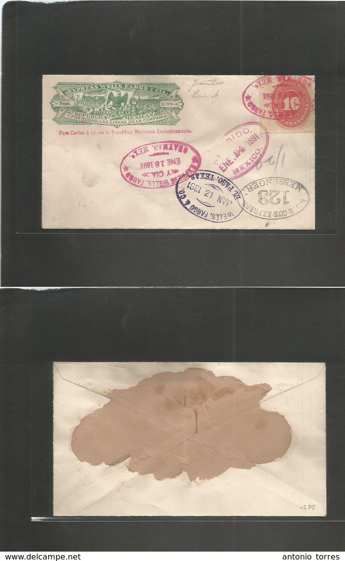 Mexico - Stationery. 1891 (18 Enero) Wells Fargo Stat Envelope Altered With Adtl 10c Red Stamp Large Numeral. Guaymas -  - Mexiko