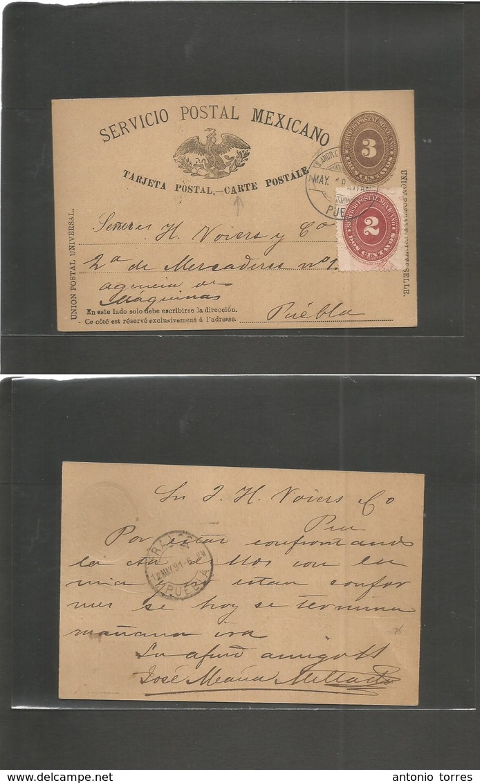 Mexico - Stationery. 1891 (May 4) San Andres Chalchicomula - Puebla (May 12) SPM 3c Brown Stat Card + 2c Adtl, Fallen "A - Messico