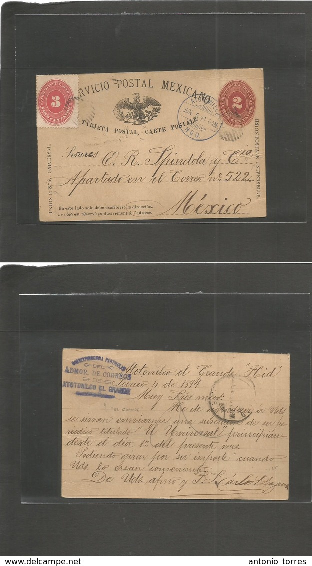 Mexico - Stationery. 1891 (5 Junio) Atotonilco El Grande, Hidalgo - Mexico DF. SPM 2c Red + 3c Numeral, Tied Grills + Cd - Mexico