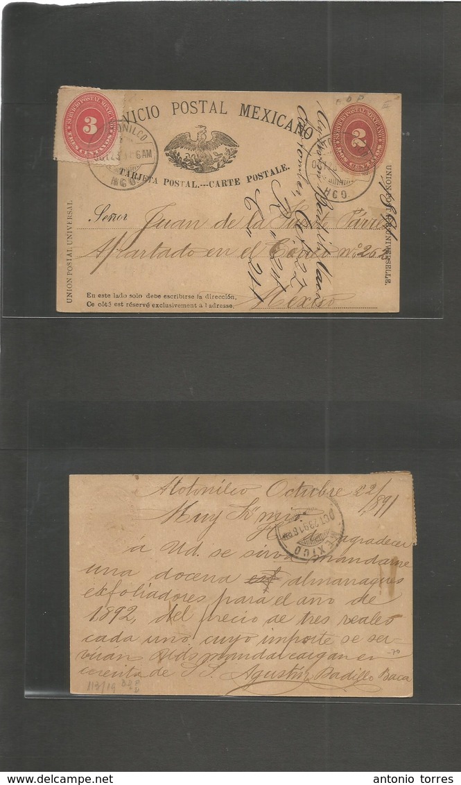 Mexico - Stationery. 1891 (22 Oct) Atotonilco - Mexico DF. SPM 2c Red Type III Stat Card + 3c. Numeral Adtls. Scarce Usa - Mexiko