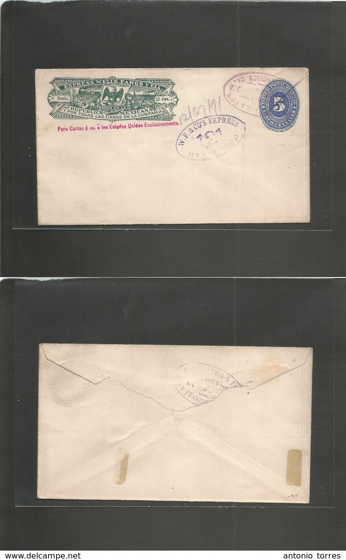 Mexico - Stationery. 1891 (27 Dec) Wells Fargo Stat Env, Dark Green + 5c Blue Numeral, Tied San Francisco, California. W - Mexique
