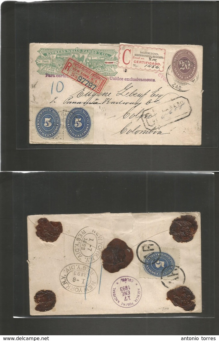 Mexico - Stationery. 1892 (29 Dic) Zacatecas - COLOMBIA, Colon (17 Enero 1893) Panama Today. An Express Wells Fargo + Nu - Mexique