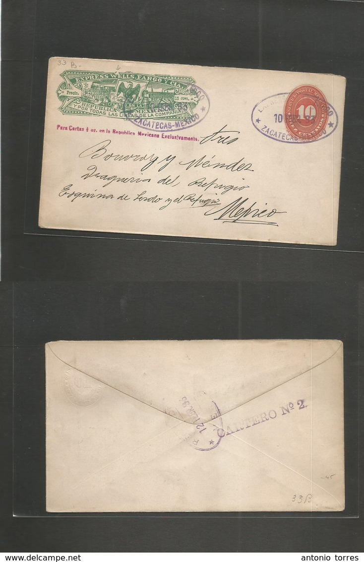 Mexico - Stationery. 1893 (10 Febr) Wells Fargo + 10 Red Large Numeral, Oval Lilac Town Cachet. Zacatecas - DF. VF + Pla - Mexique