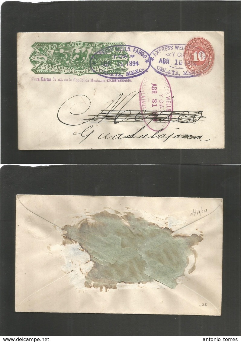 Mexico - Stationery. 1894 (19 April) Express Wells Fargo. Celaya - Guadalajara (21 April) 10c Red Large Mineral Oval Lil - Mexique