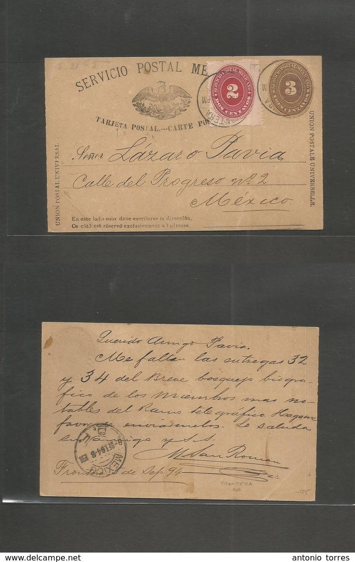 Mexico - Stationery. 1894 (5 Sept) Frontera - DF. SPM 3c Brown Numeral + 2c Red, Tied Cds. Attractive Town Usage. Two Va - Mexiko