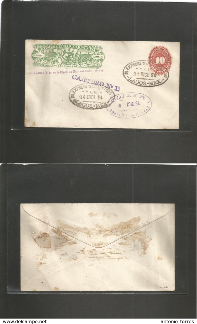 Mexico - Stationery. 1894 (4 Dic) Lagos - DF, Mexico (15 Dic) Wells Fargo Yellow Green (plate Faults Print) + 10c Red Nu - Mexique