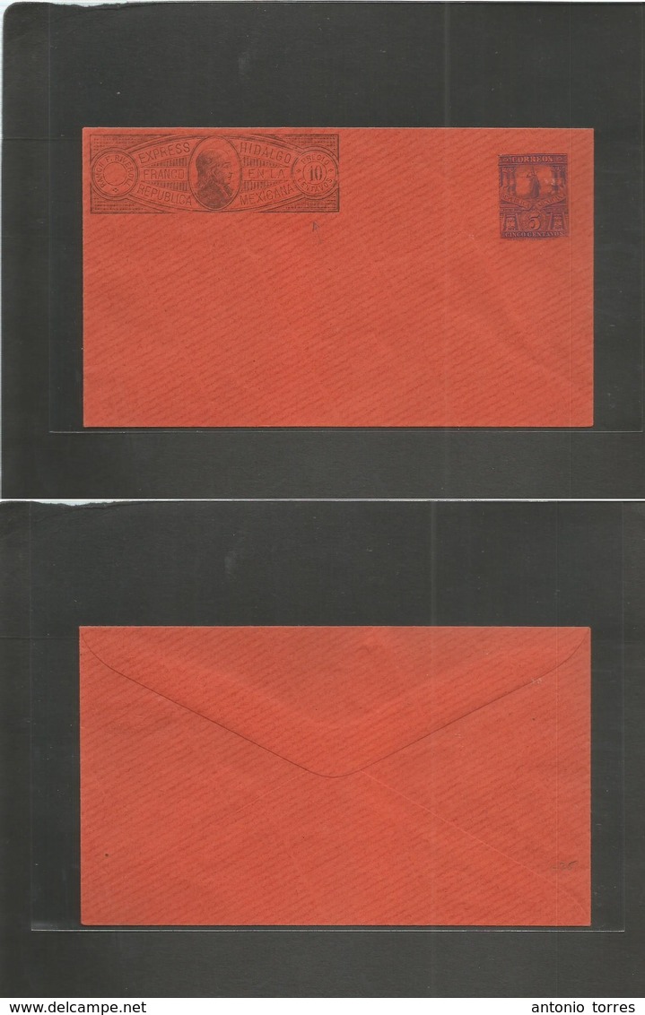 Mexico - Stationery. C. 1895. Mint Express Hidalgo 10c + 5c Military On Red Salmon Wavy Lines Paper Stationery Envelope. - Mexique