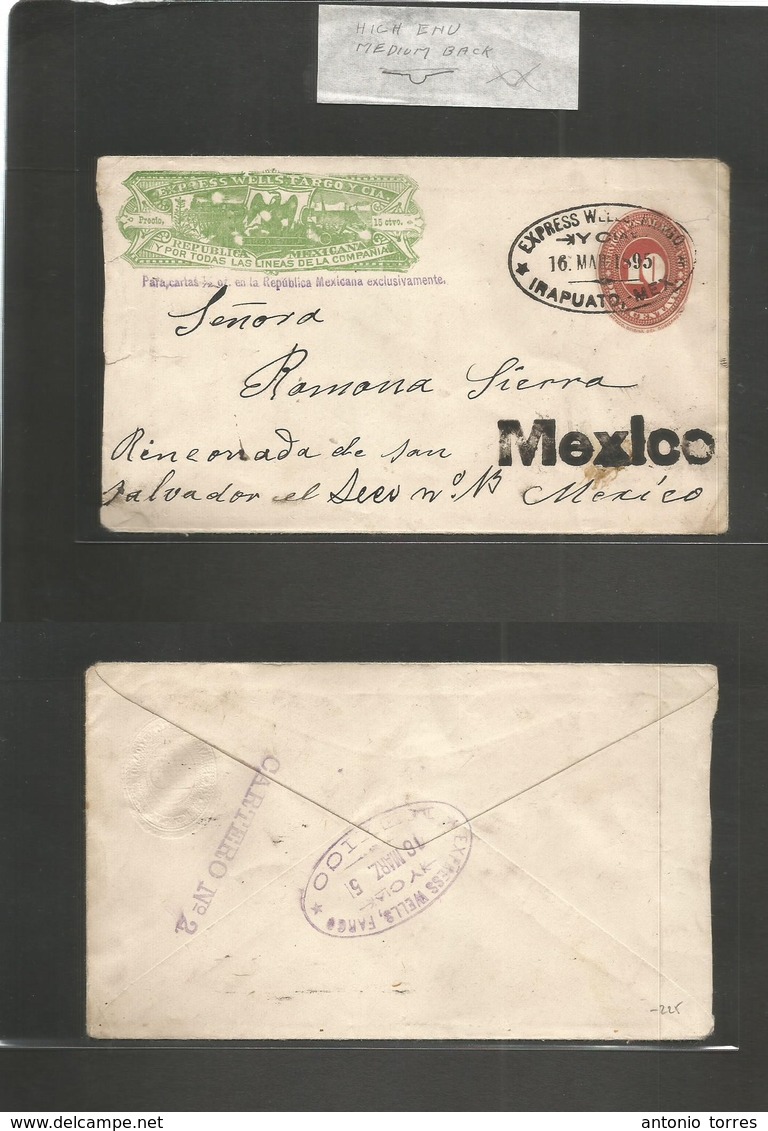 Mexico - Stationery. 1895 (10 May) Irapuato - Mexico DF. Wells Fargo Yellow Green + 10c Red Large Numeral Stat Env, Oval - Mexique