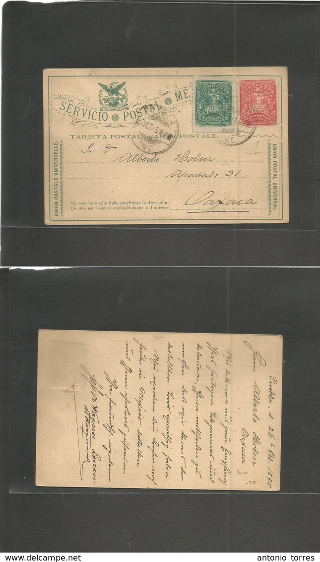 Mexico - Stationery. 1895 (26 Oct) Puebla - Oaxaca. SPM + 2 Cts Red Mulitas Issue Stat Card + 1c Adtl SHIFT Print + Inte - México