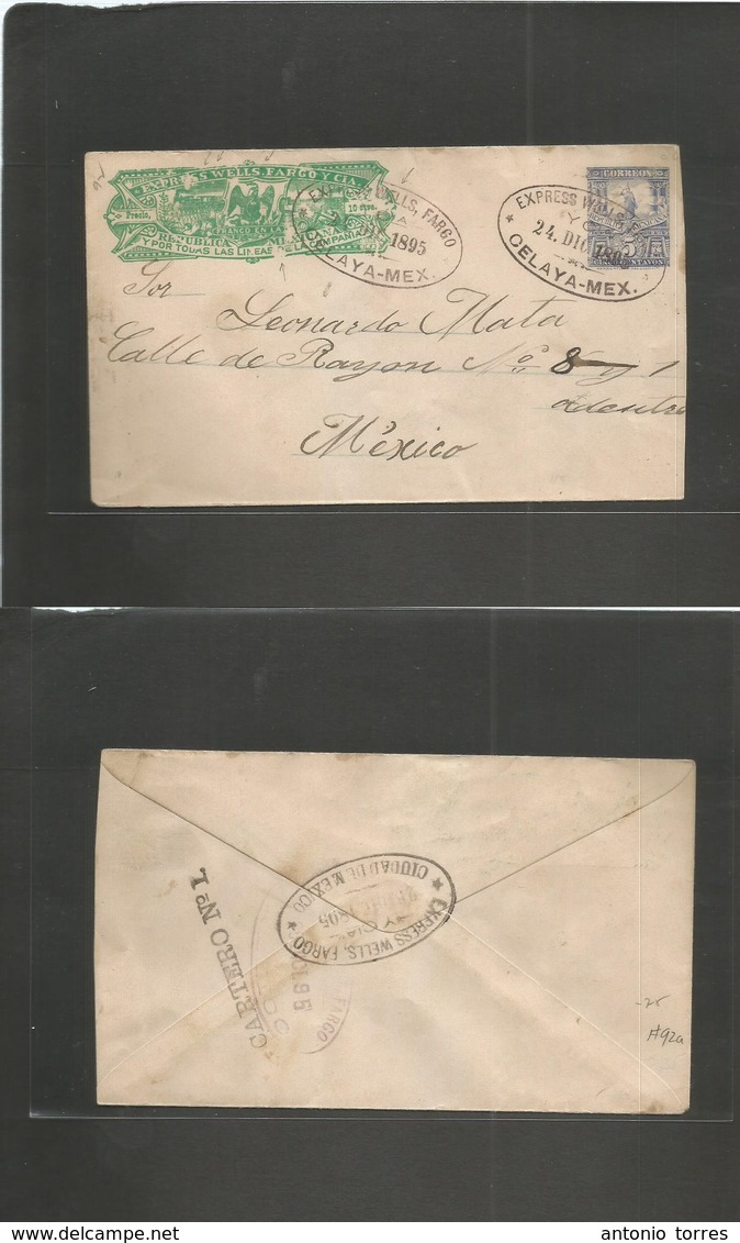 Mexico - Stationery. 1895 (24 Dic) Celaya - Mexico DF. Wells Fargo + 5c Blue Mulitas. The Emerald Scarce Color Shade, Pl - Mexique