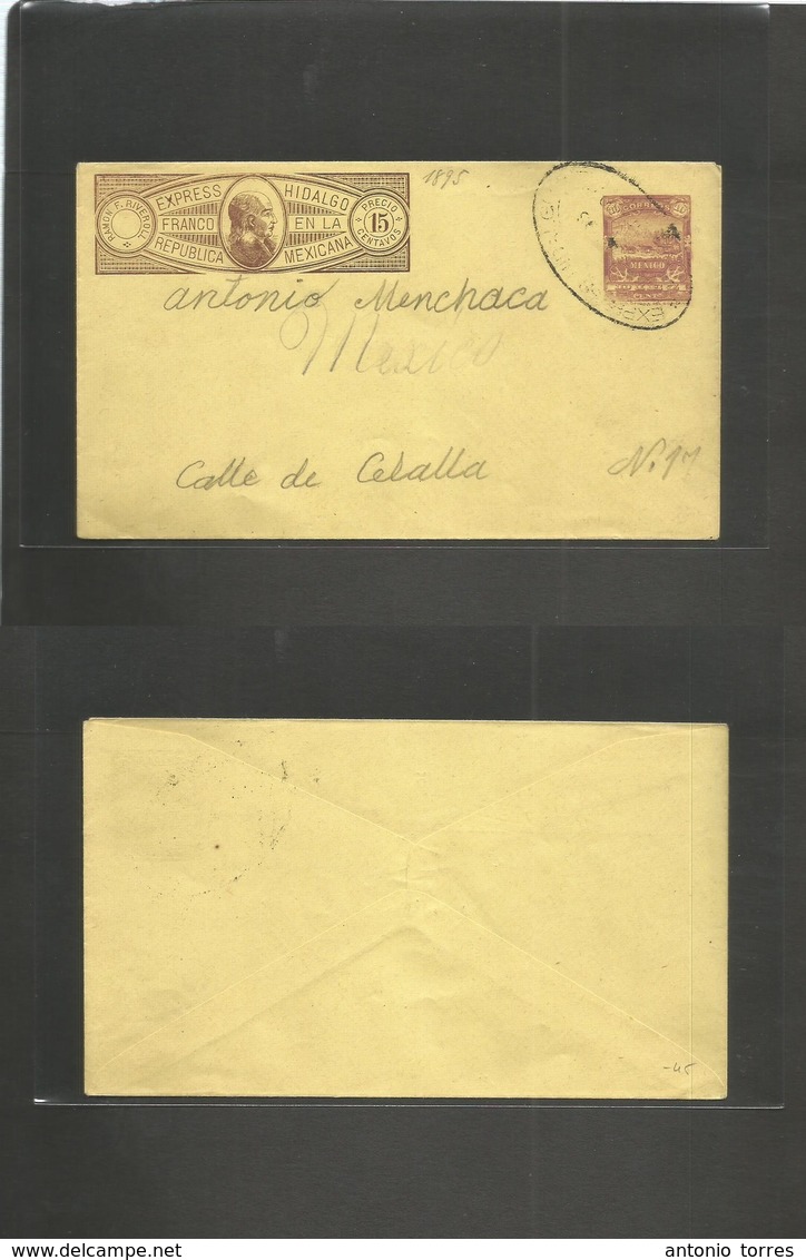 Mexico - Stationery. 1895-8. Express Hidalgo Riveroll. 15c + 10c. Militar Stat Env Brown + Salmon On Yellow Paper, Cance - Mexiko
