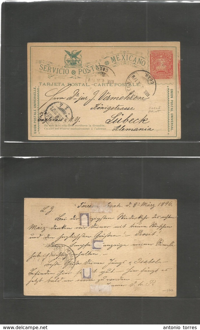 Mexico - Stationery. 1896 (8 Marzo) Major DOBLE PRINT. Torreon, Coahuila - Lübeck, Germany (21 March) SPM 2c Red Militar - Mexique