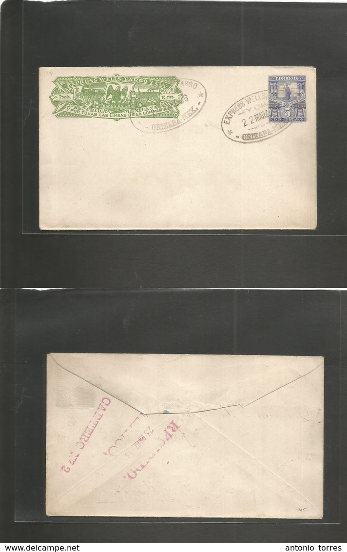 Mexico - Stationery. 1896 (22 Marzo) Orizava - Mexico DF. Wells Fargo Dark Yellow Green 10c + 5c Blue Militar Issue Stat - Mexique