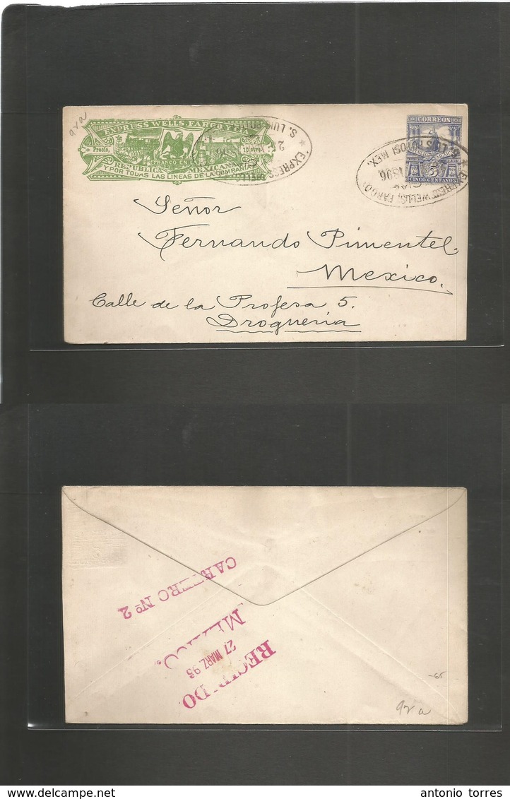 Mexico - Stationery. 1896 (25 Marzo) San Luis Potosi - DF Mexico. Express Wells Fargo (yellow Green Shade) + 5c Blue Mil - Mexique