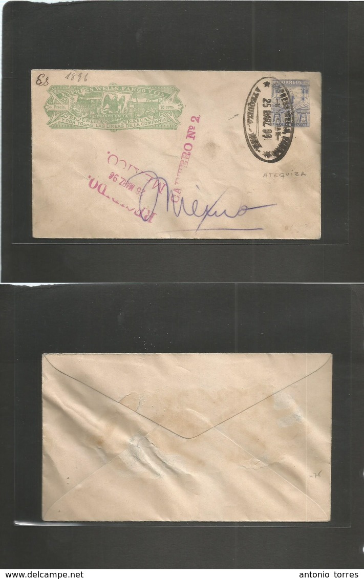 Mexico - Stationery. 1896 (25 Marzo) Atequiza - Mexico DF. Wells Fargo + 5c Blue Mulitas Issue Stat Env Cartero Nº2 + Ov - Mexico