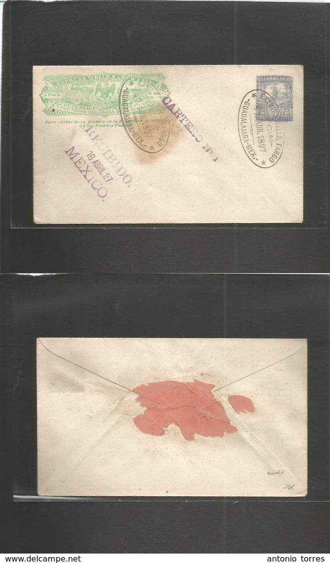 Mexico - Stationery. 1897 (17 April) Guadalajara - Mexico DF (18 April) Wells Fargo Emerald 10c + 5c Blue Militar Issue  - Mexique