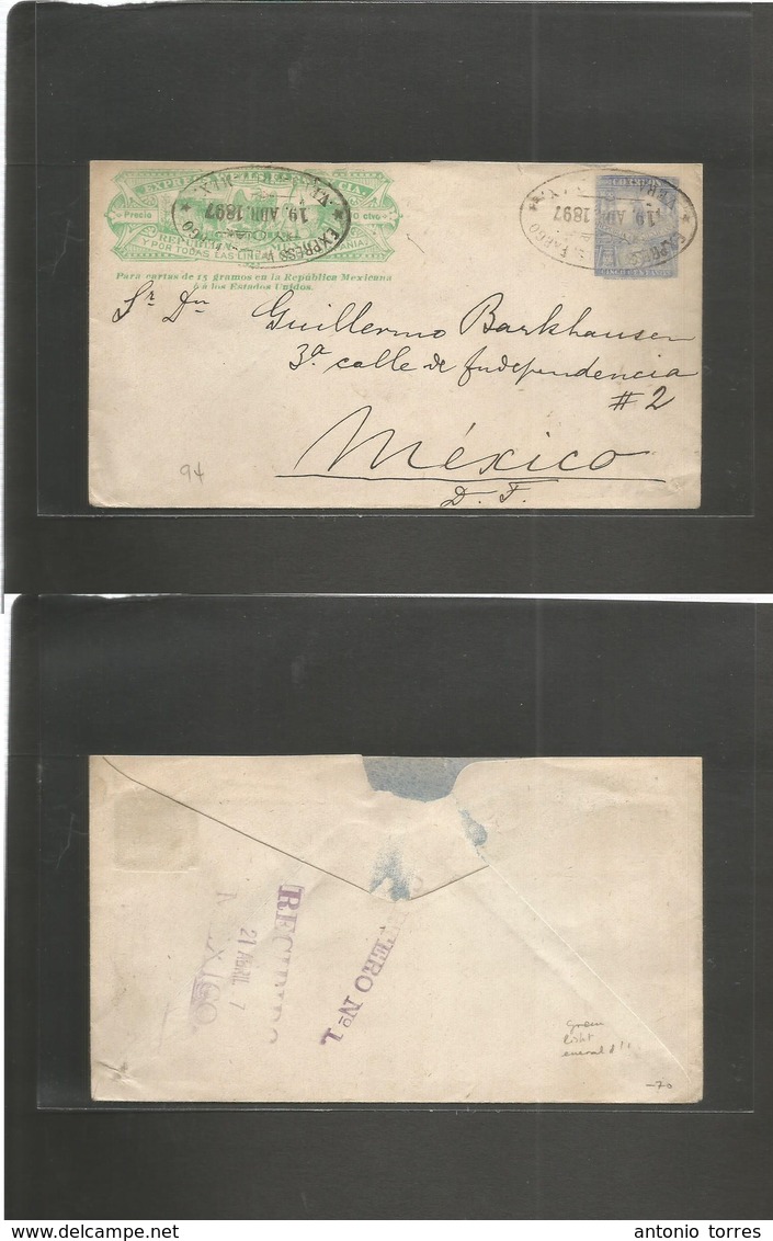 Mexico - Stationery. 1897 (19 ) Veracruz - Mexico DF. Wells Fargo 10c Emerald Print + 5c Blue Militar Stat Env Oval Cach - Mexique