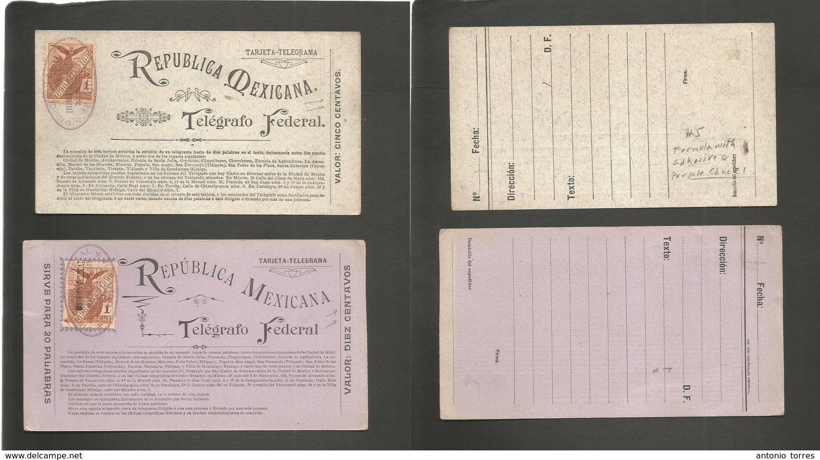 Mexico - Stationery. 1898-99. Tarjeta Telegrama. Fkd 5 Cts And 10cts. Fkd Card 1c Fiscal Oval Telegrafo Seccion 4. VF +  - Messico