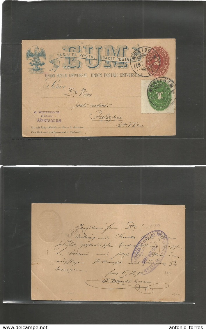 Mexico - Stationery. 1898 (27 Feb) DF - Jalapa (28 Feb 98) EUM 2 Cts Red Stat Card + 1c Green Adtl. Arrival  Card Rare D - México