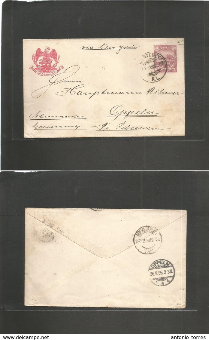 Mexico - Stationery. 1898 (11 Sept) Monterrey - Germany, Oppeln (26 Sept) 10c Lilac Multifkd Issue SPM Stat Env. Fine Us - Mexique