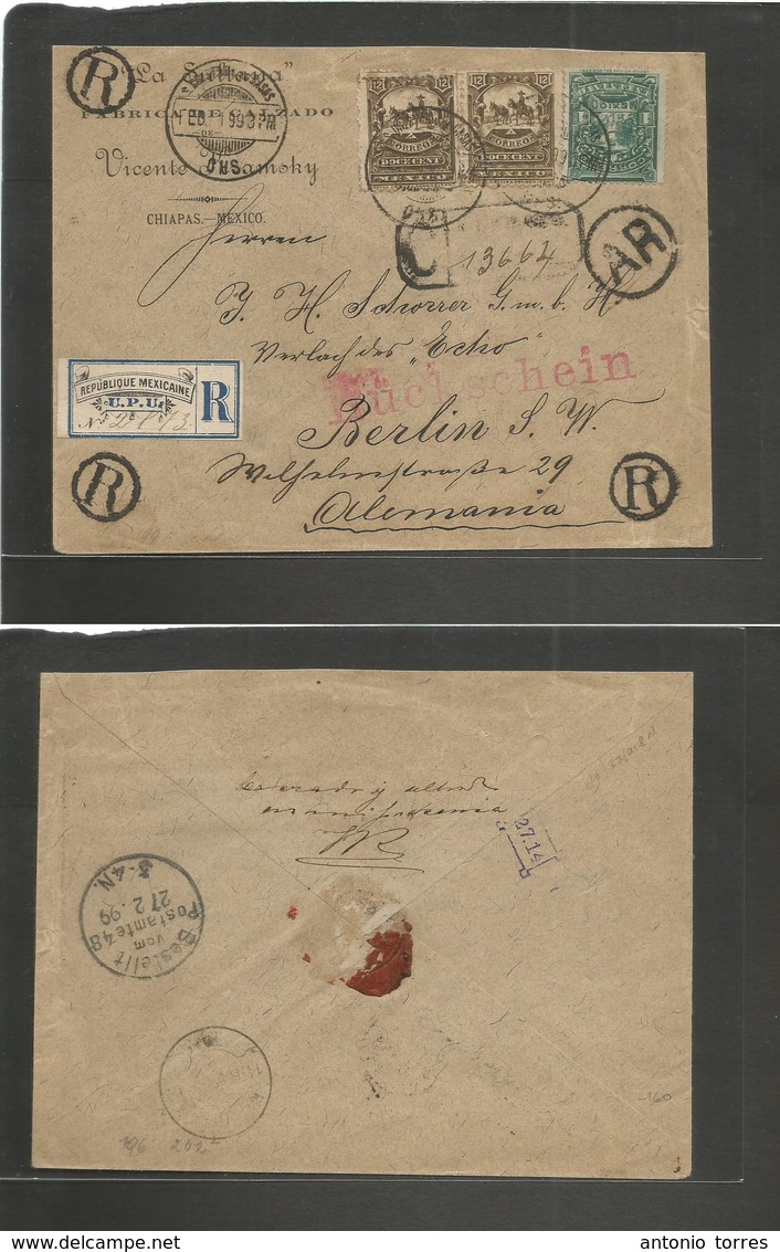 Mexico. 1899 (Feb 1) San Cristobal De Las Casas, Chiapas - Germany, Berlin (27 Feb) Registered AR Multifkd Militar Issue - Mexique