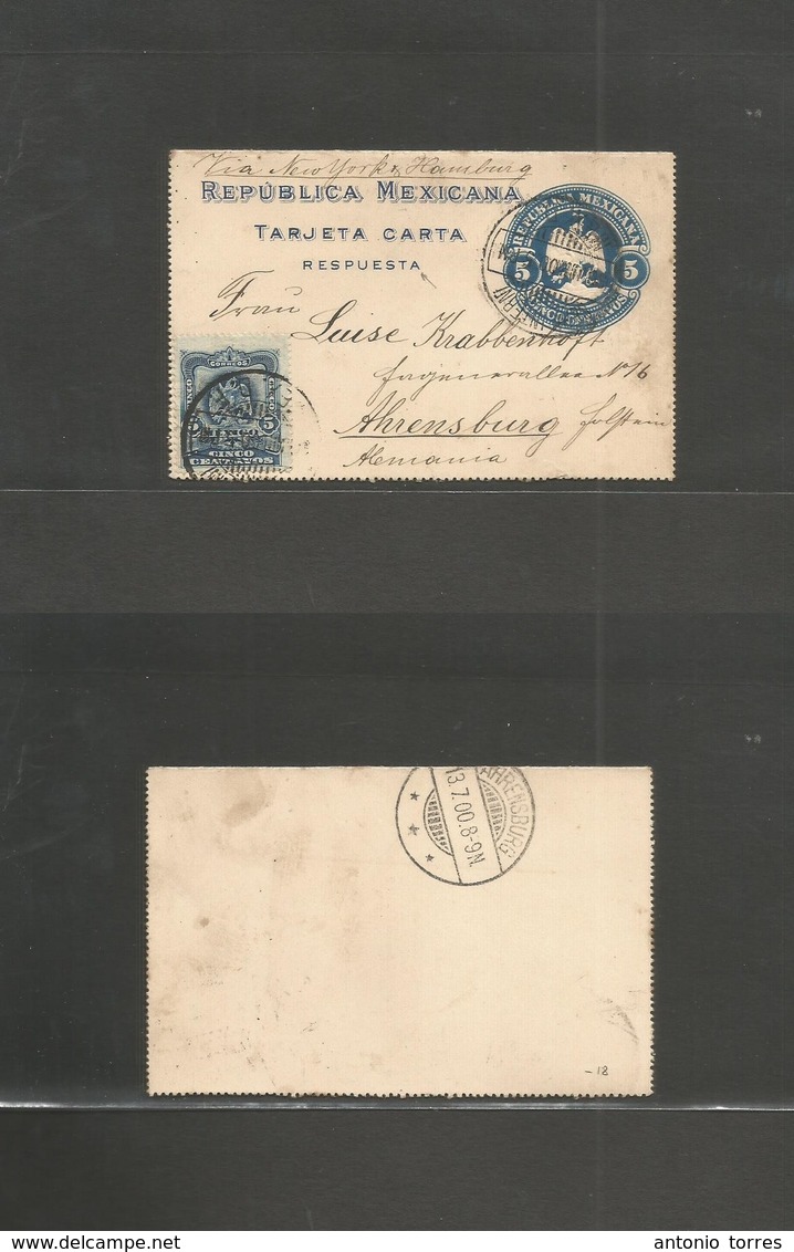 Mexico - Stationery. 1900 (30 Junio) DF - Germany, Abrensburg. REPLY Half Stat Lettersheet 5c Blue Embossed Eagle + Adtl - Messico
